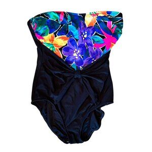 Vintage Robby Len Neon Floral Tropical Strapless Tie Front Swimsuit 16